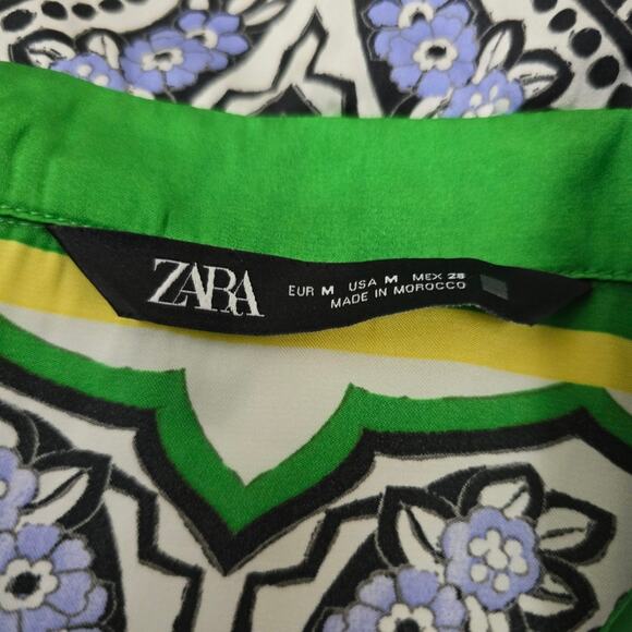 Zara Green Paisley Floral Satin Scarf Button Down Blouse Boho St Patty Day M - Picture 6 of 14